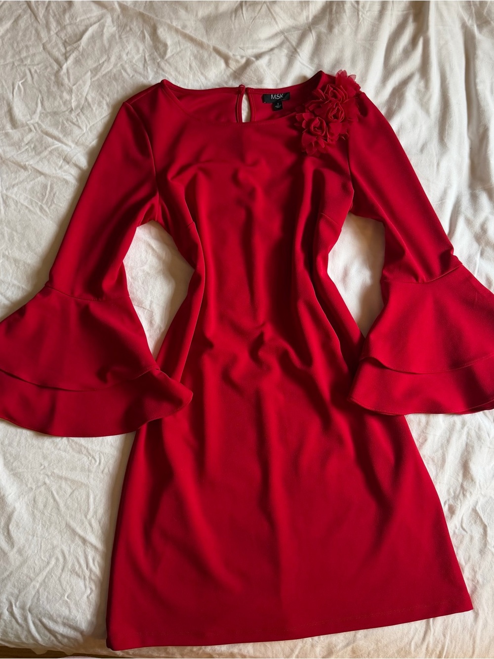 MSK Red Long-Sleeve Sheath Dress with Floral Shoulder